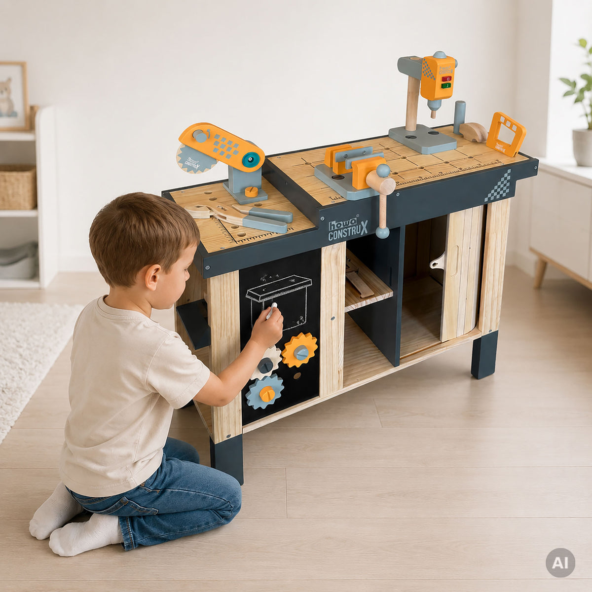 howa Kinderwerkbank CONSTRUX aus Holz – höhenverstellbare Werkbank mit Werkzeug und Zubehör 4909