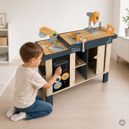 howa Kinderwerkbank CONSTRUX aus Holz – höhenverstellbare Werkbank mit Werkzeug und Zubehör 4909