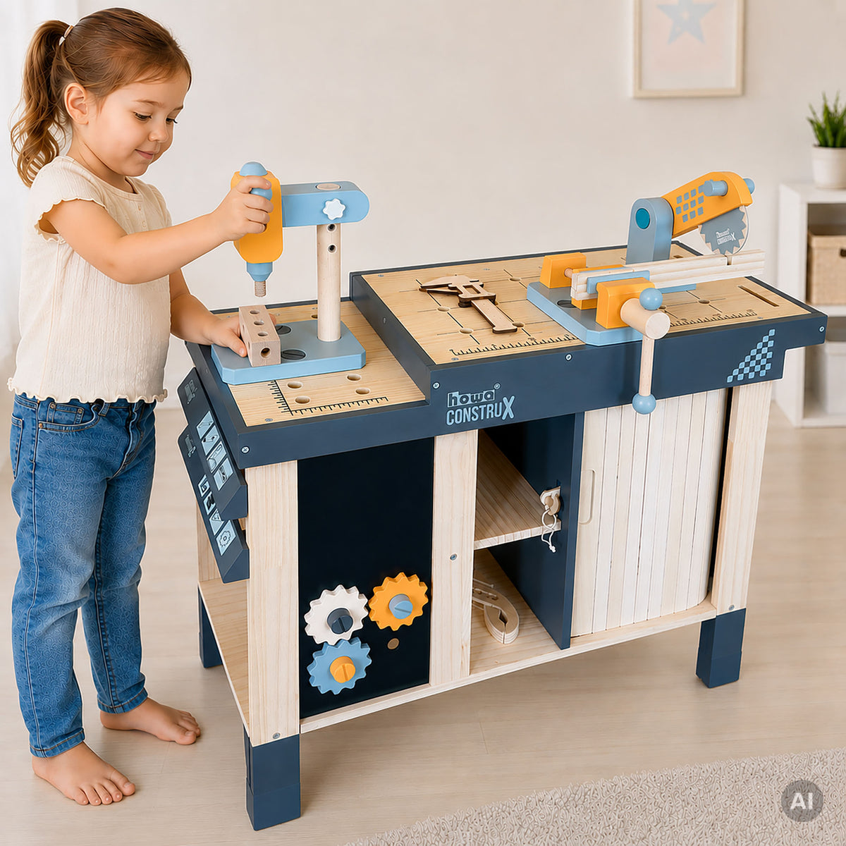 howa Kinderwerkbank CONSTRUX aus Holz – höhenverstellbare Werkbank mit Werkzeug und Zubehör 4909