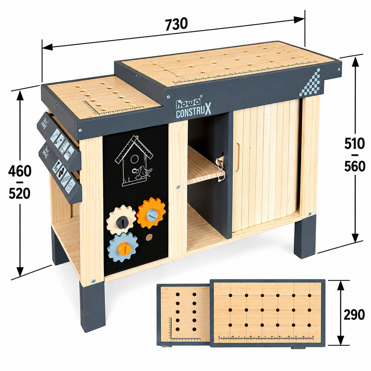 howa Kinderwerkbank CONSTRUX aus Holz – höhenverstellbare Werkbank mit Werkzeug und Zubehör 4909