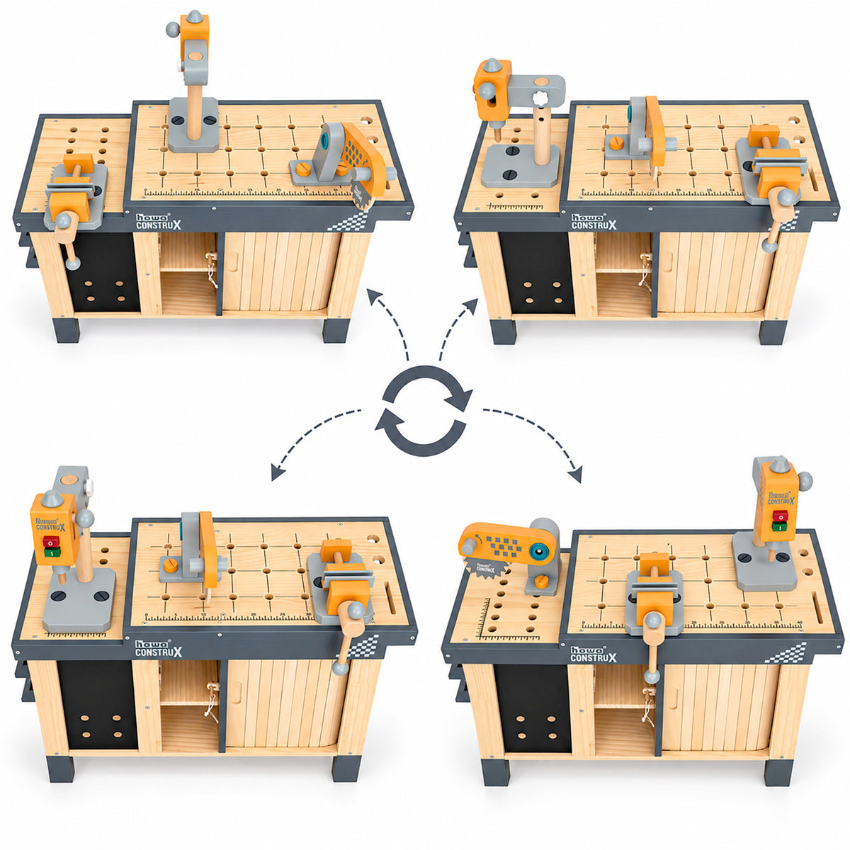 howa Kinderwerkbank CONSTRUX aus Holz – höhenverstellbare Werkbank mit Werkzeug und Zubehör 4909