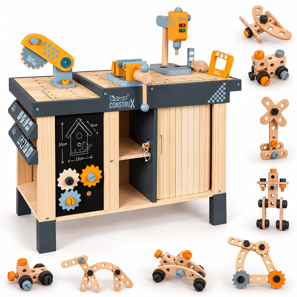 howa Kinderwerkbank CONSTRUX aus Holz – höhenverstellbare Werkbank mit Werkzeug und Zubehör 4909