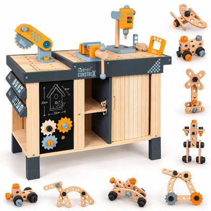 howa Kinderwerkbank CONSTRUX aus Holz – höhenverstellbare Werkbank mit Werkzeug und Zubehör 4909