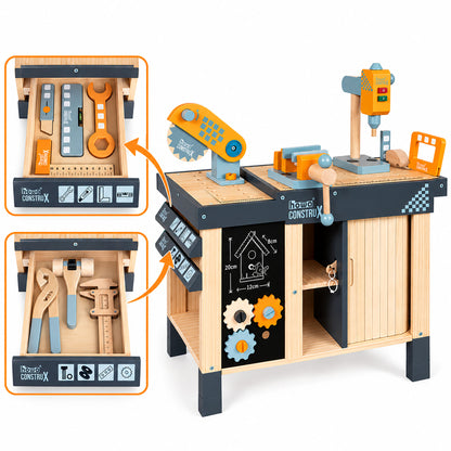 howa Kinderwerkbank CONSTRUX aus Holz – höhenverstellbare Werkbank mit Werkzeug und Zubehör 4909