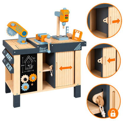 howa Kinderwerkbank CONSTRUX aus Holz – höhenverstellbare Werkbank mit Werkzeug und Zubehör 4909