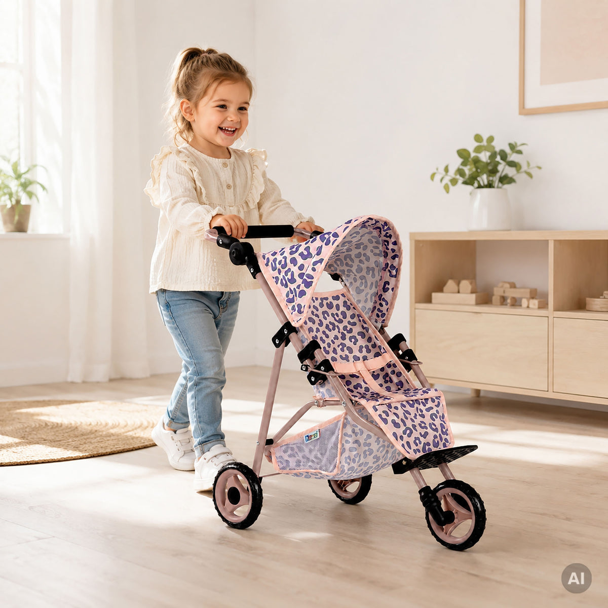 Kind schiebt Puppenwagen