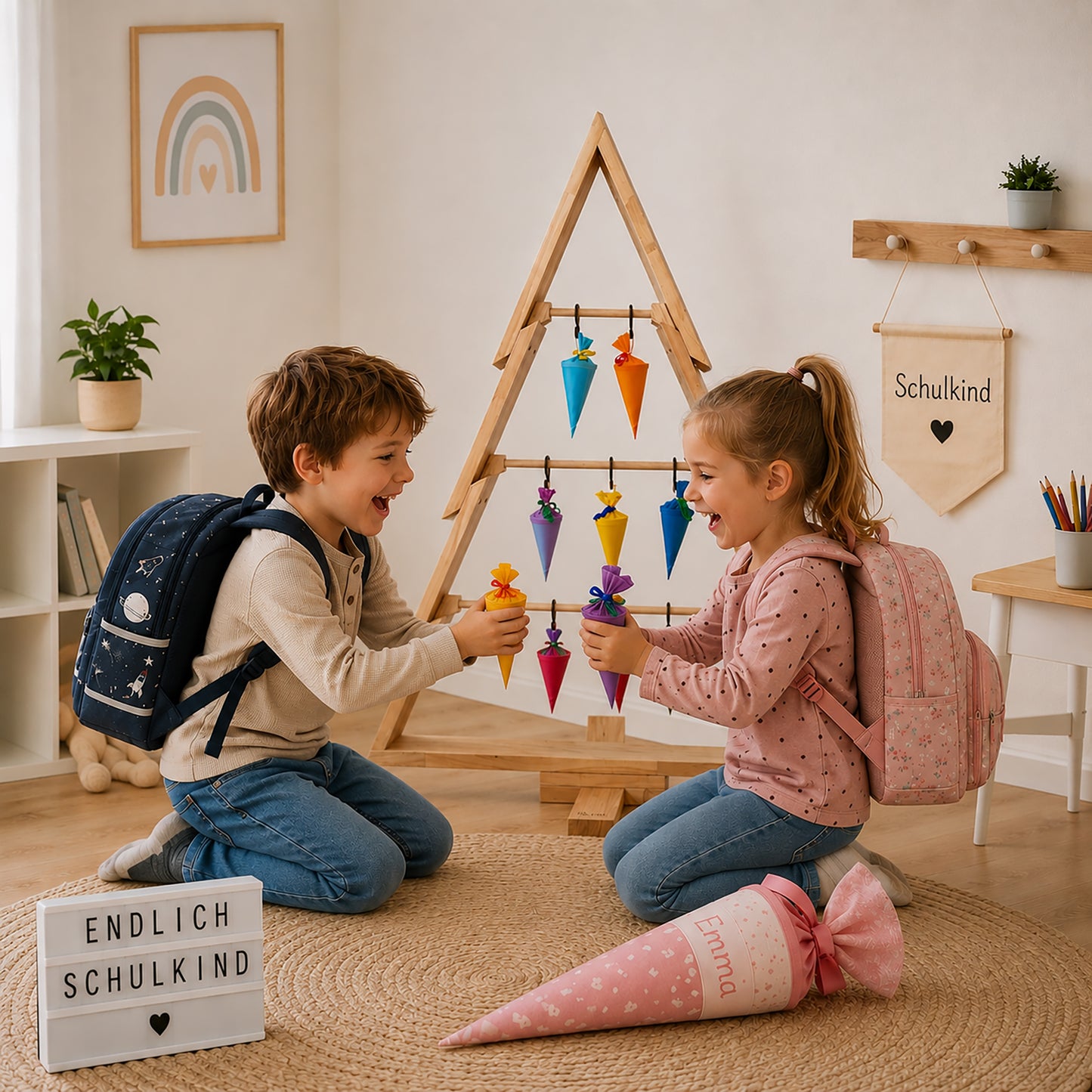 2 Schulkinder vor dem Schultütenbaum