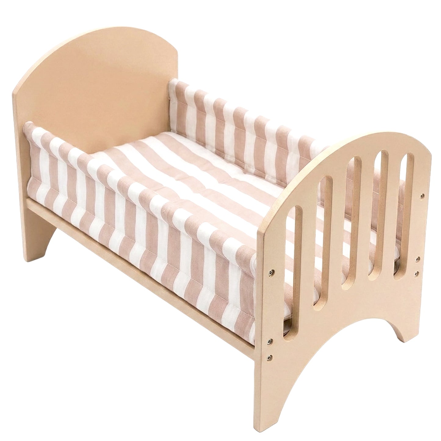 Puppenbett aus Holz mit gestreiftem Stoff