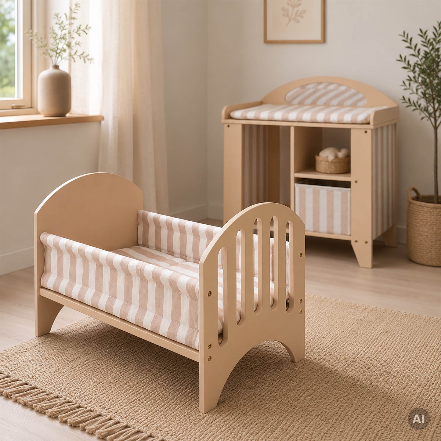 Puppenmöbel Puppenbett und Puppenwickelkommode im Kinderzimmer