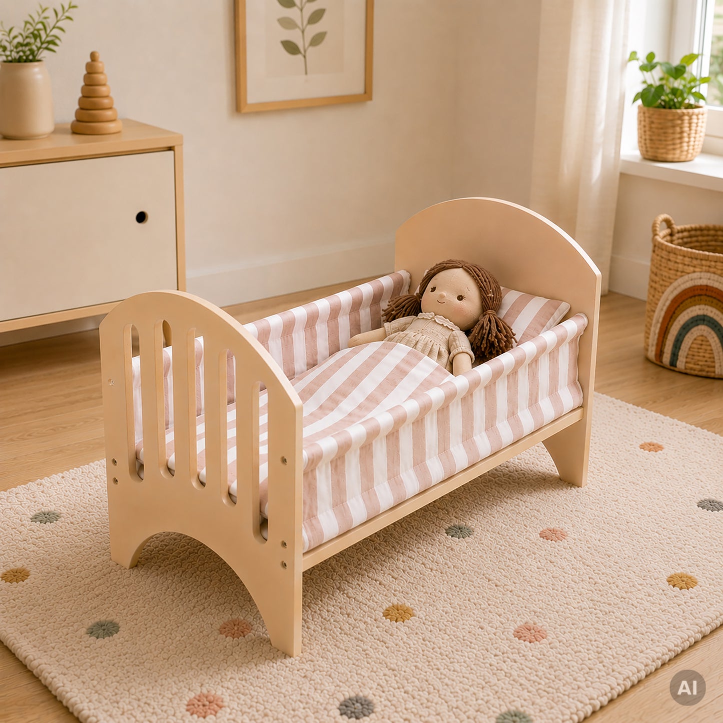 Puppenbett aus Holz im Kinderzimmer