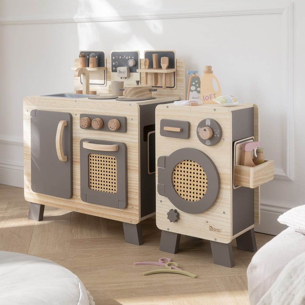 howa Kinderküche und Spielzeugwaschmaschine aus Holz natur, taupe inkl. 10tlg. Spielgeschirr & 10tlg. Zubehör für Kinderwaschmaschine 14824