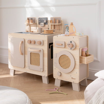howa Kinderküche und Spielzeugwaschmaschine aus Holz natur, beige inkl. 10tlg. Spielgeschirr & 10tlg. Zubehör für Kinderwaschmaschine 48249