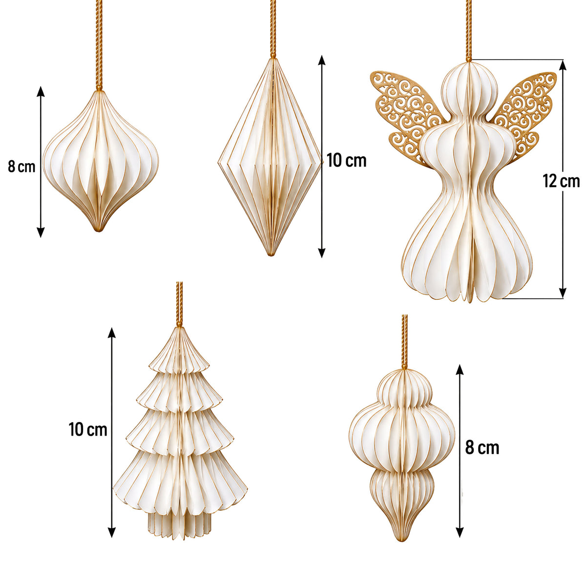 Hova décorations de Noël en papier 9 pièces, décoration de Noël crème blanc - or 8850
