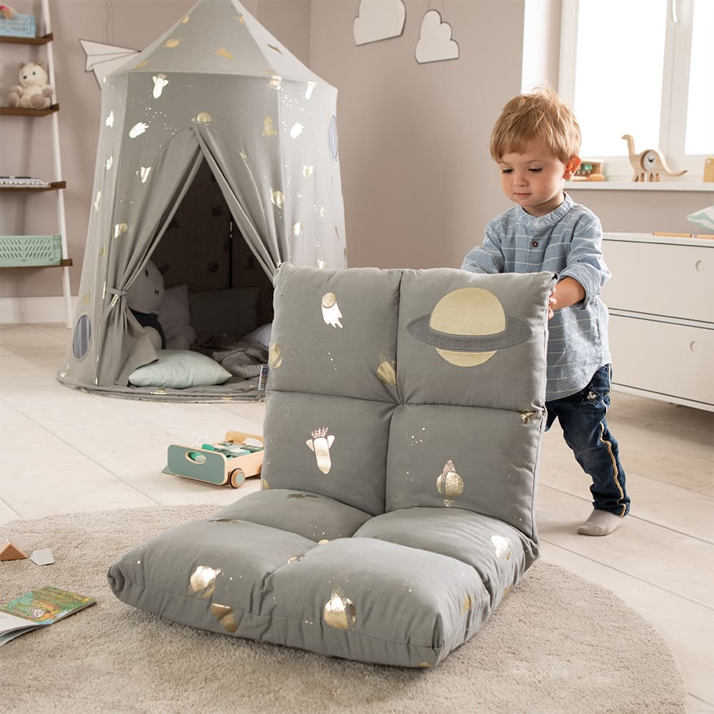 howa 2 in 1 Kindersessel + Kinderliege - Lehne 3-fach verstellbar  "Space" grau, Glanzeffekt 86021