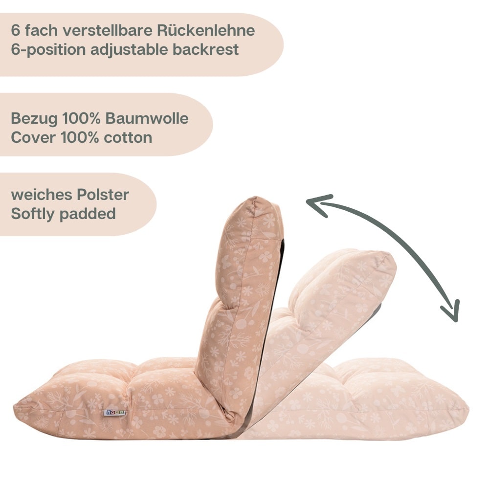 howa 2 in 1 Kindersessel + Kinderliege - Lehne 6 fach verstellbar "flowers" apricot 86012
