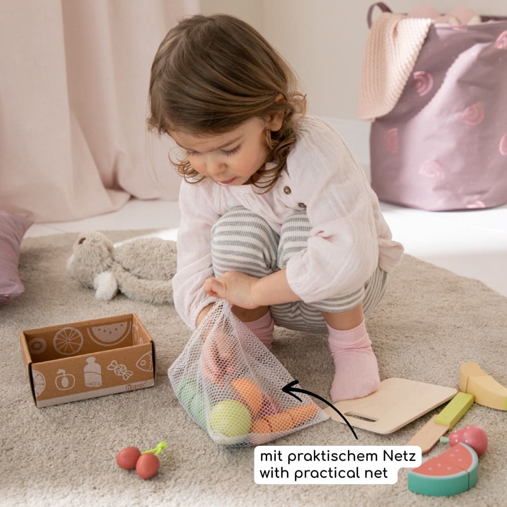howa Schneideset aus Holz Obst und Gemüse mit Schneidebrett, Messer, Netz und Aufbewahrungsbox 13 tlg. 4891