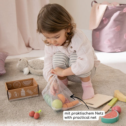 howa Schneideset aus Holz Obst und Gemüse mit Schneidebrett, Messer, Netz und Aufbewahrungsbox 13 tlg. 4891