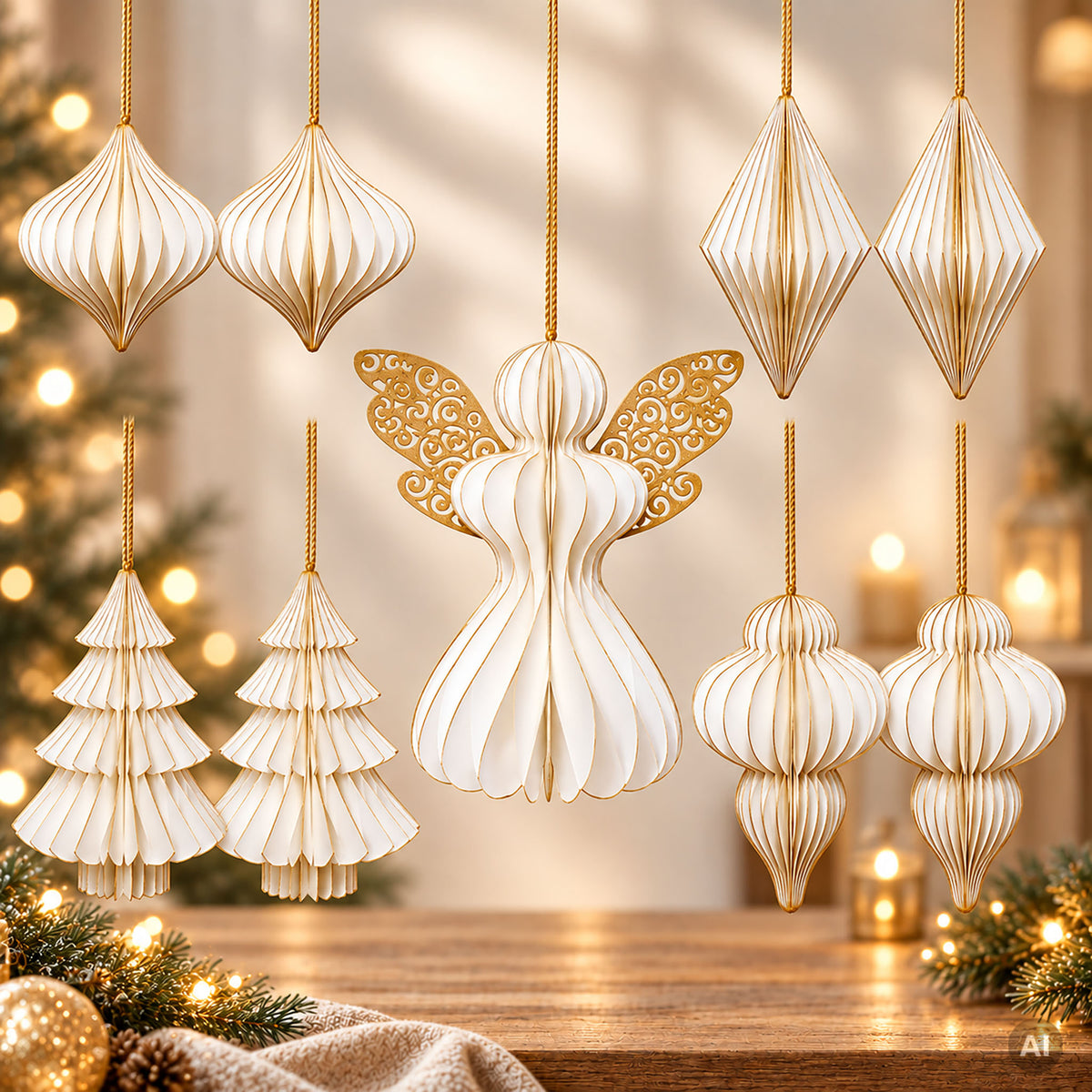 Hova décorations de Noël en papier 9 pièces, décoration de Noël crème blanc - or 8850