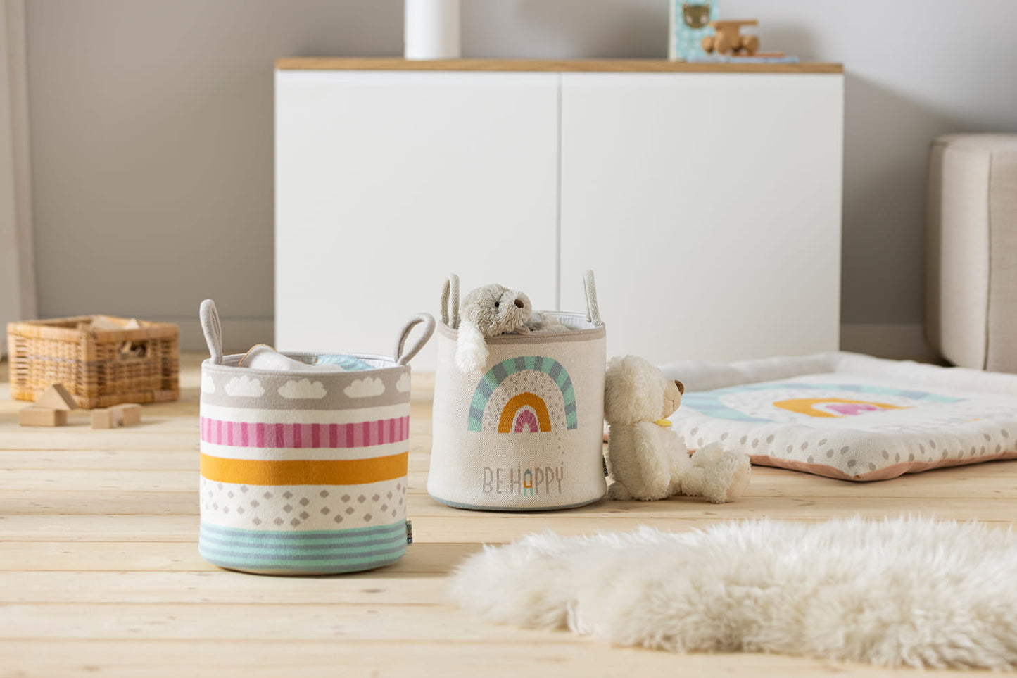howa Aufbewahrungskorb "Be happy" mit Regenbogen, beige, Baumwolle, Strick, Ø 26cm 8906