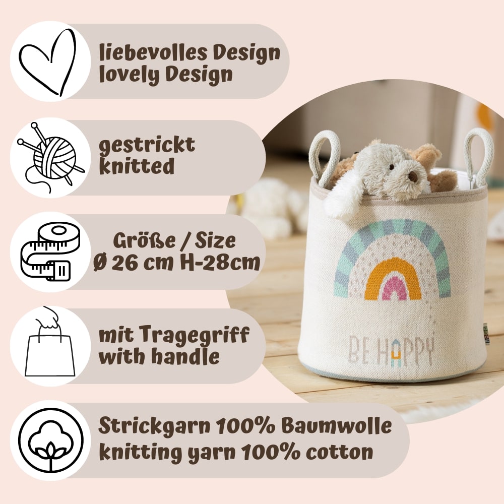 howa Aufbewahrungskorb "Be happy" mit Regenbogen, beige, Baumwolle, Strick, Ø 26cm 8906