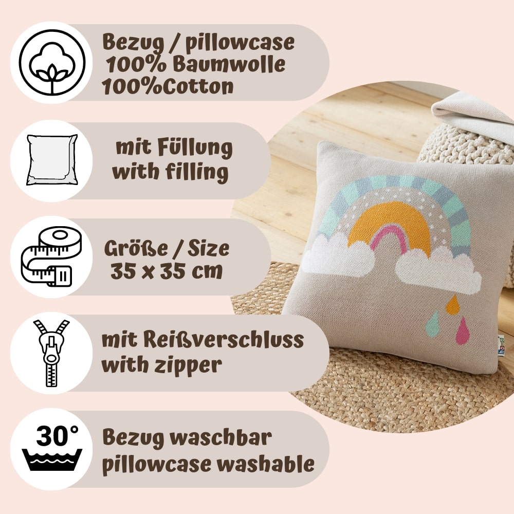 howa Dekokissen "Be happy" mit Regenbogen inkl. Füllung, taupe, Baumwolle, Strick, 35x35cm  8903 	