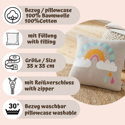 howa Dekokissen "Be happy" mit Regenbogen inkl. Füllung, taupe, Baumwolle, Strick, 35x35cm  8903 	