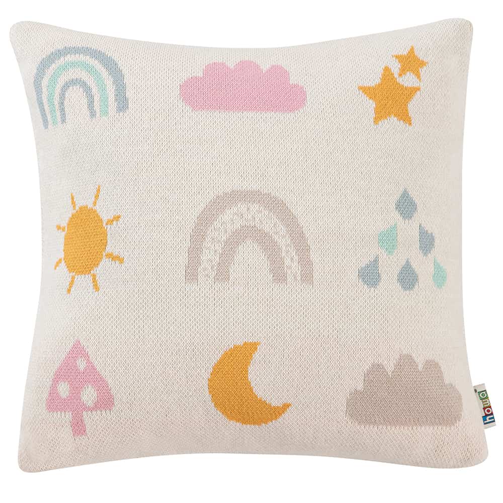 howa Dekokissen "Be happy" mit Regenbogen inkl. Füllung, beige, Baumwolle, Strick, 35x35cm 8904