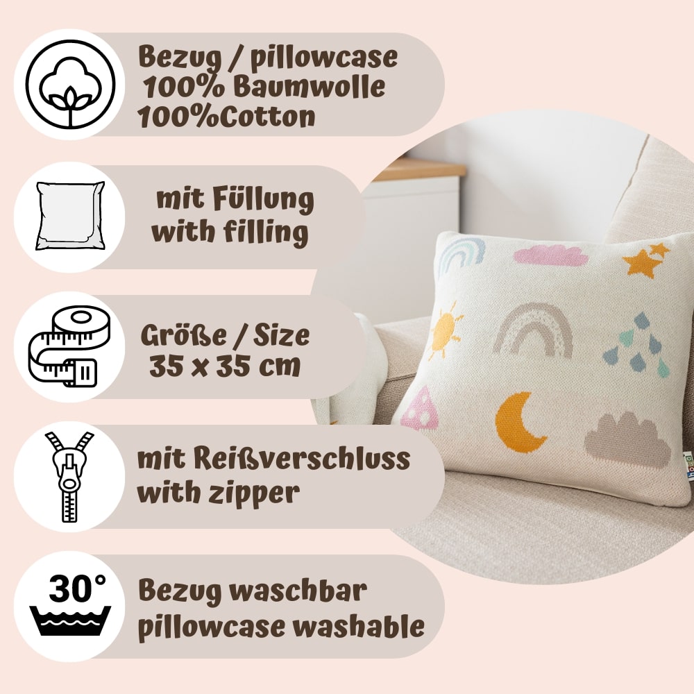 howa Dekokissen "Be happy" mit Regenbogen inkl. Füllung, beige, Baumwolle, Strick, 35x35cm 8904