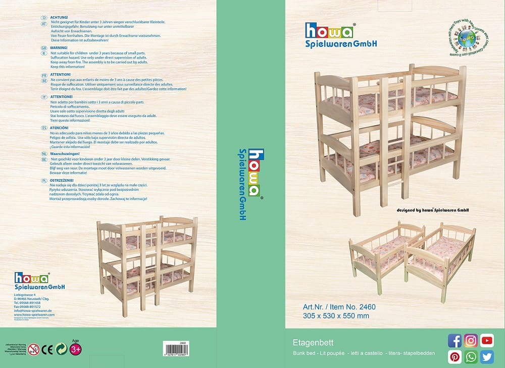 howa Puppenbett Etagenbett aus Holz "miniflowers" inkl. 2x Bettzeug apricot 2460