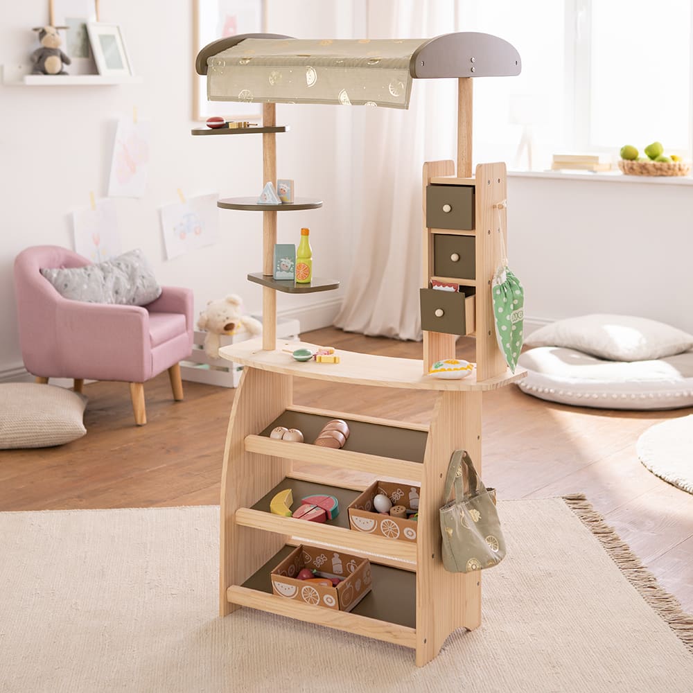 howa Kaufladen aus Holz Marktstand "Lucky" mit Markise und Tasche khaki 47472