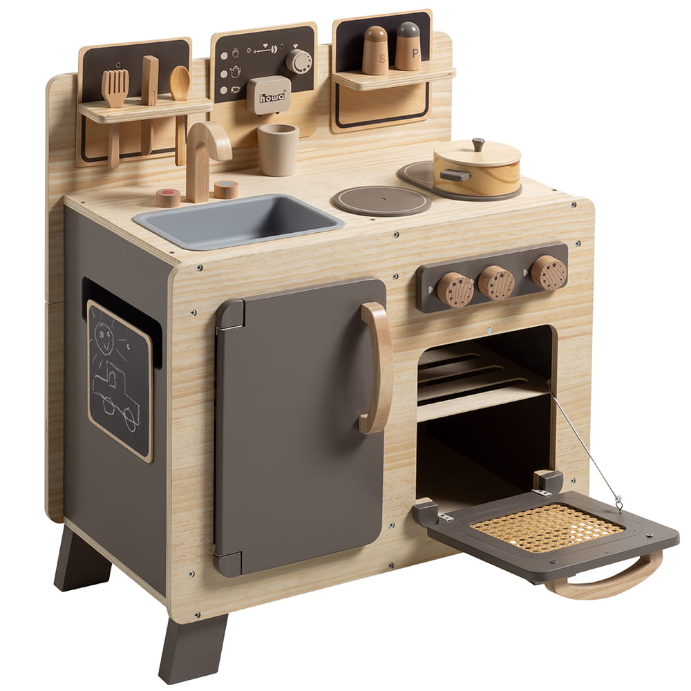 howa Kinderküche und Spielzeugwaschmaschine aus Holz natur, taupe inkl. 10tlg. Spielgeschirr & 10tlg. Zubehör für Kinderwaschmaschine 14824