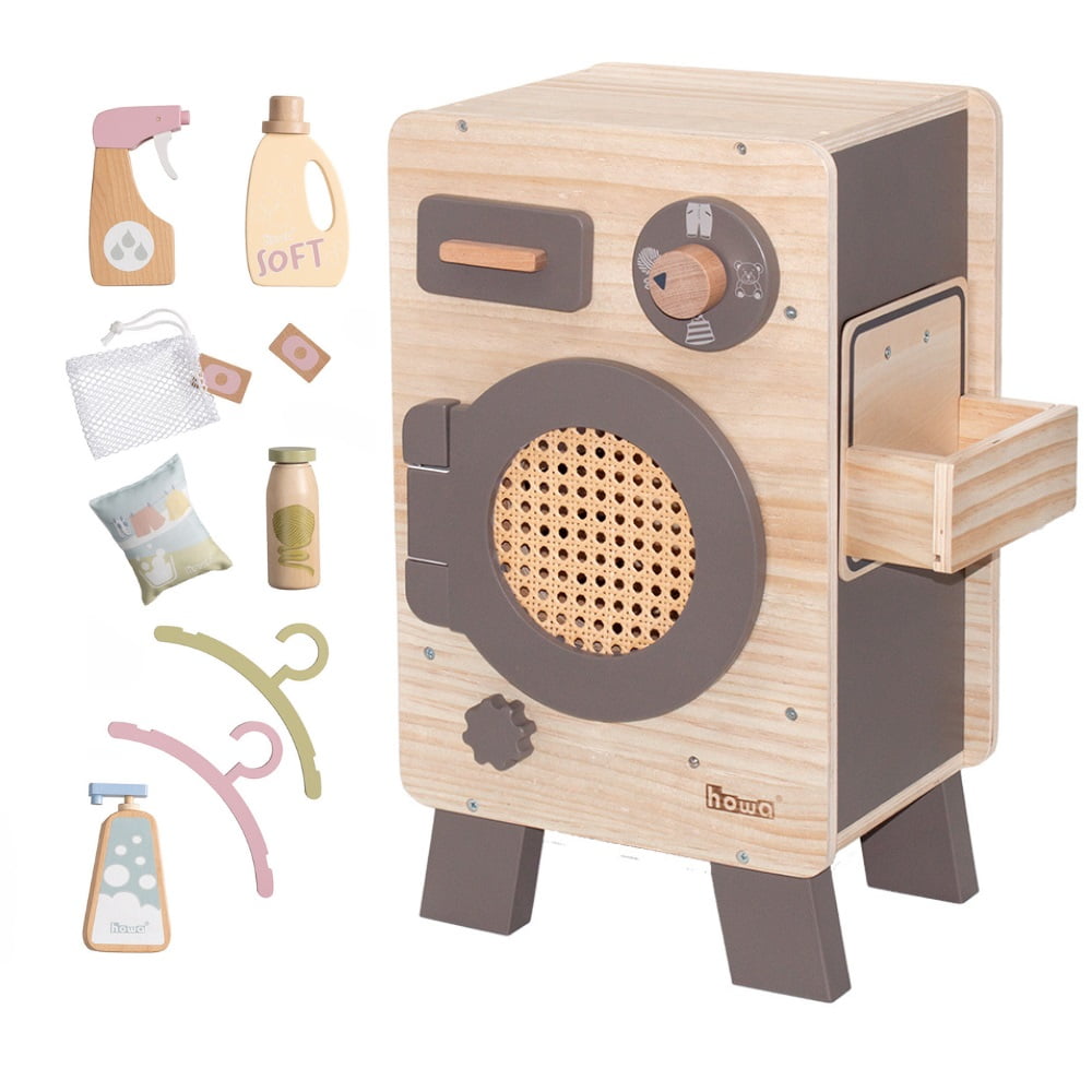 howa Kinderküche und Spielzeugwaschmaschine aus Holz natur, taupe inkl. 10tlg. Spielgeschirr & 10tlg. Zubehör für Kinderwaschmaschine 14824