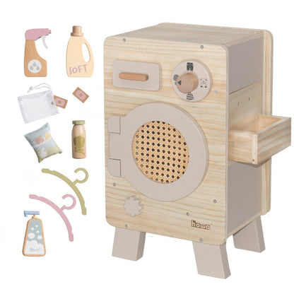howa Kinderküche und Spielzeugwaschmaschine aus Holz natur, beige inkl. 10tlg. Spielgeschirr & 10tlg. Zubehör für Kinderwaschmaschine 48249