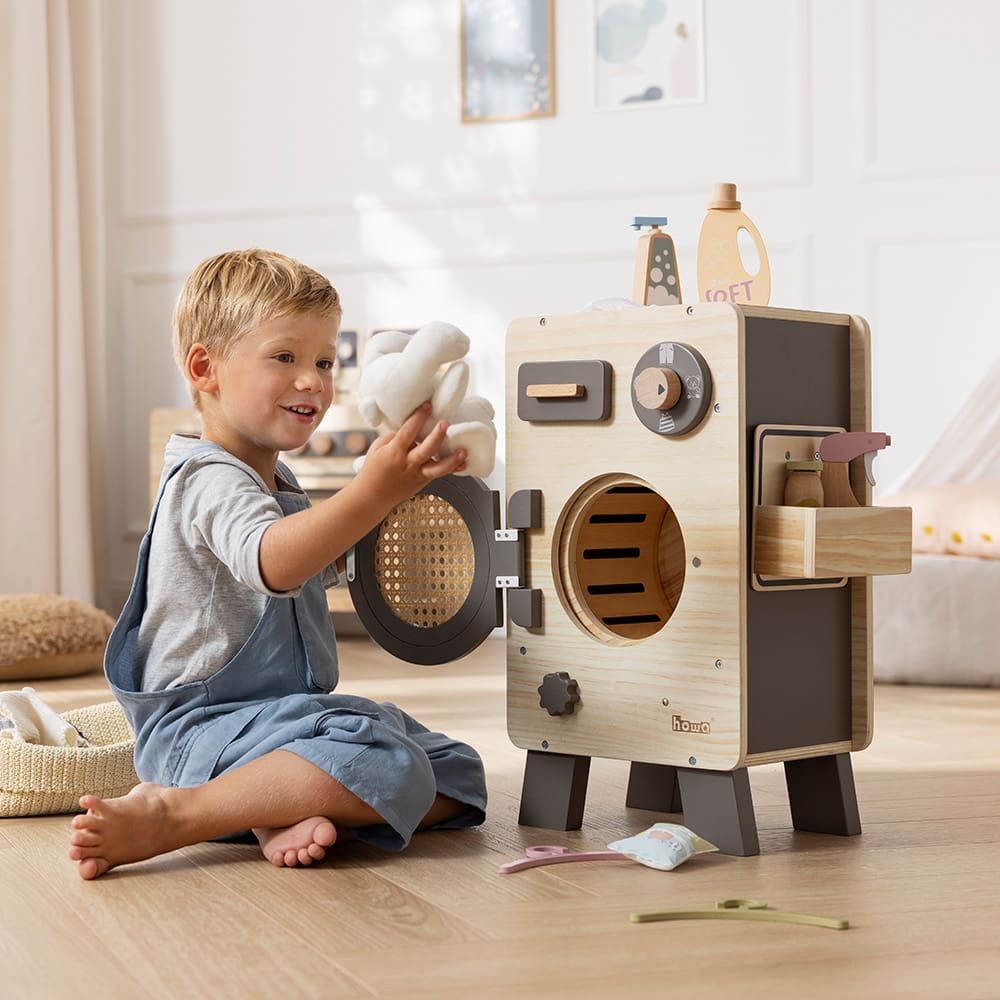 howa Kinderküche und Spielzeugwaschmaschine aus Holz natur, taupe inkl. 10tlg. Spielgeschirr & 10tlg. Zubehör für Kinderwaschmaschine 14824