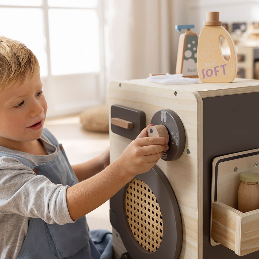howa Kinderwaschmaschine aus Holz natur taupe inkl Wäschepflege-Set 14826