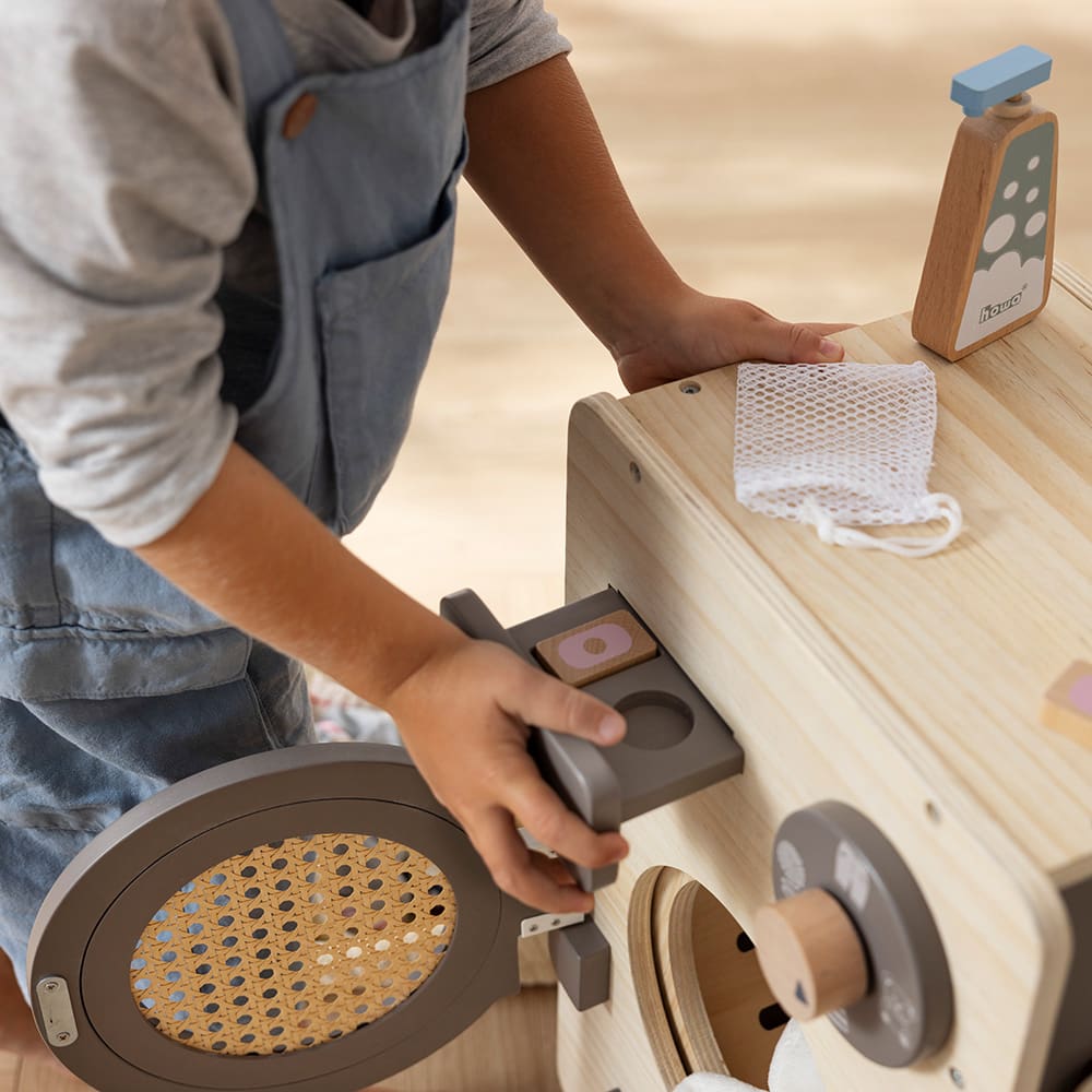 howa Kinderwaschmaschine aus Holz natur taupe inkl Wäschepflege-Set 14826