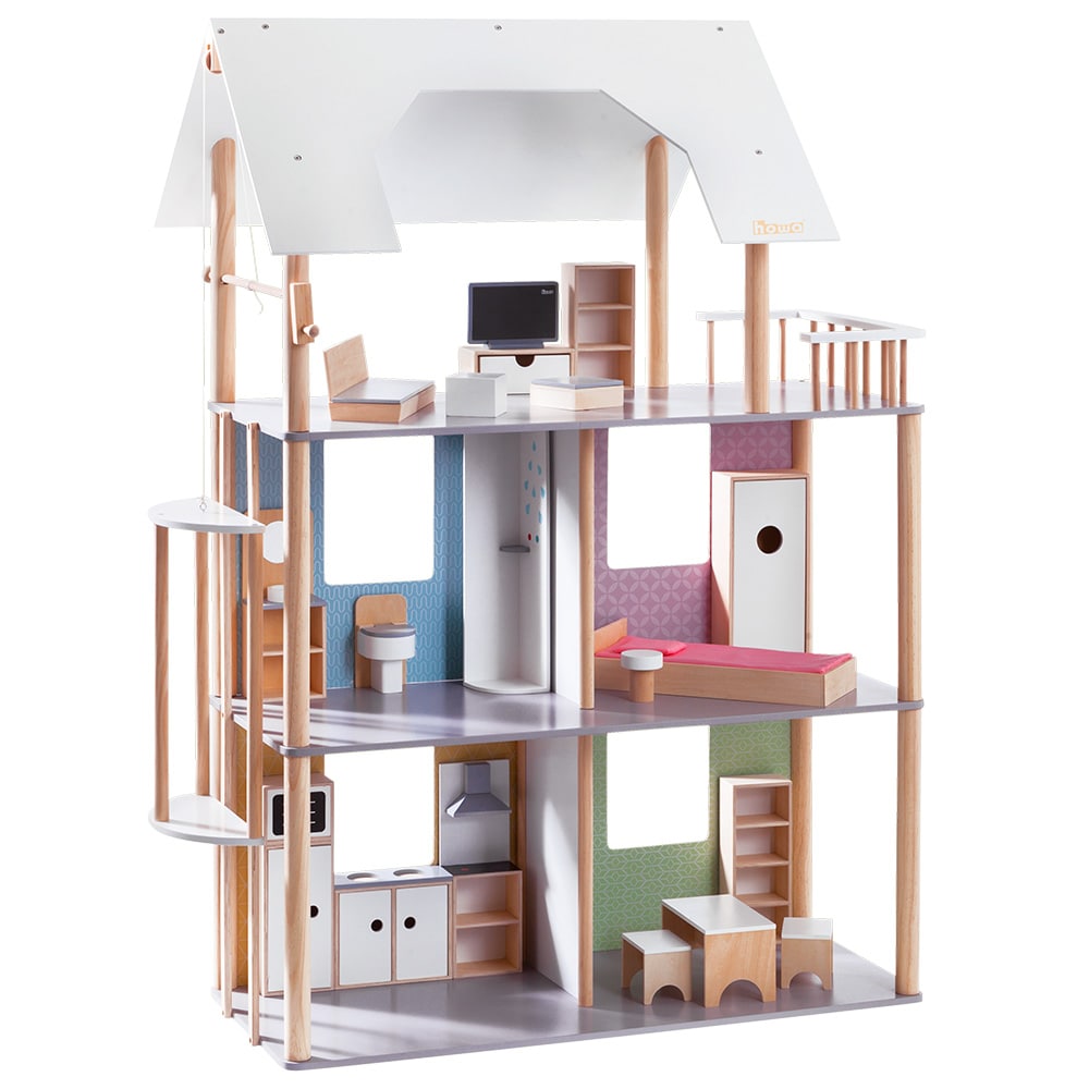 howa Puppenhaus aus Holz für Ankleidepuppen bis 30 cm inkl. 19 tlg. Möbelset 70103