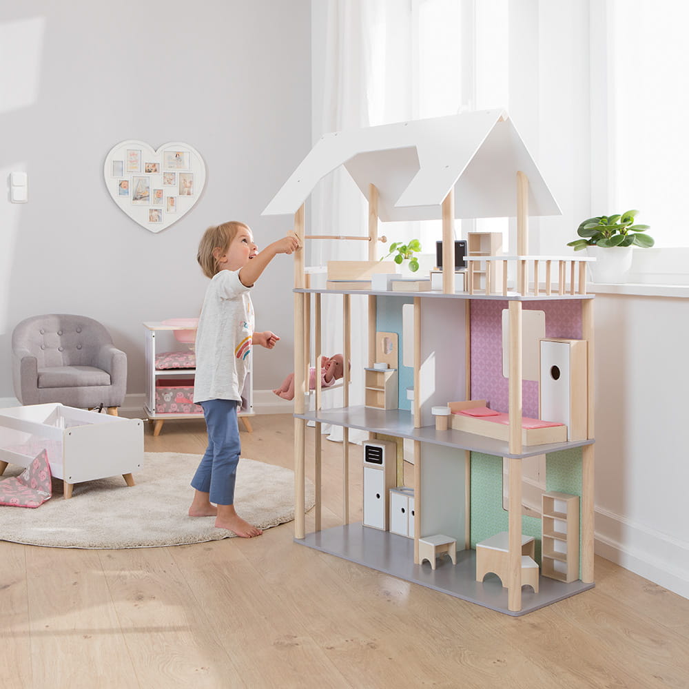 howa Puppenhaus aus Holz für Ankleidepuppen bis 30 cm inkl. 19 tlg. Möbelset 70103