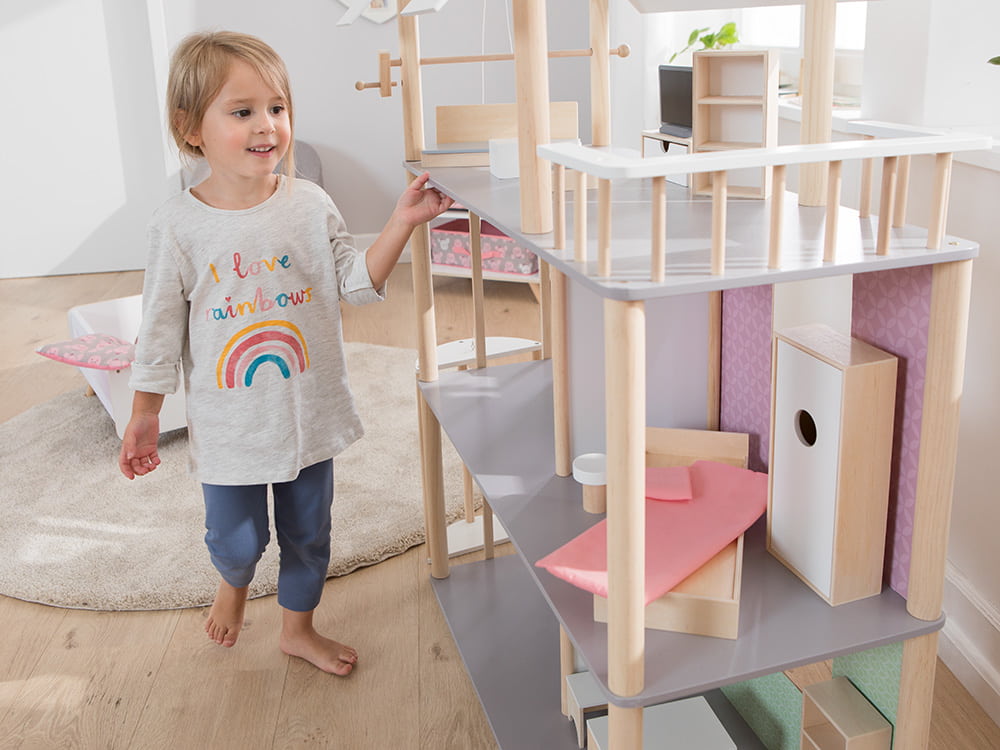 howa Puppenhaus aus Holz für Ankleidepuppen bis 30 cm inkl. 19 tlg. Möbelset 70103