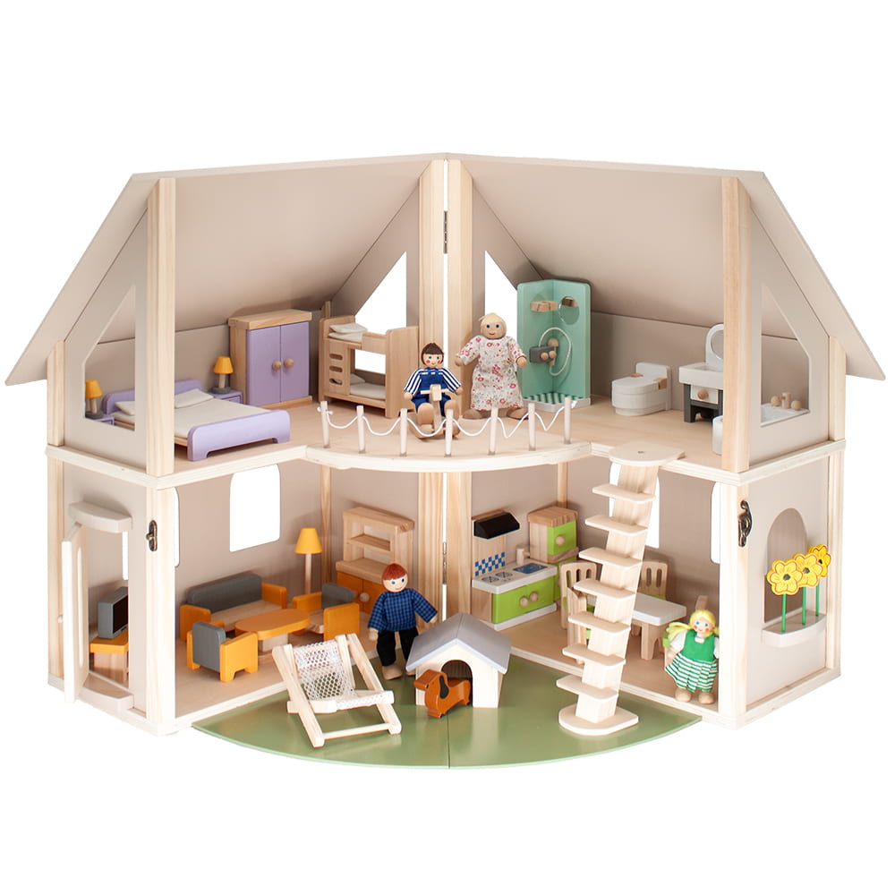 howa Puppenhaus aus Holz klappbar inkl. 30tlg. Möbelset, 4 Puppen und Hund 7016