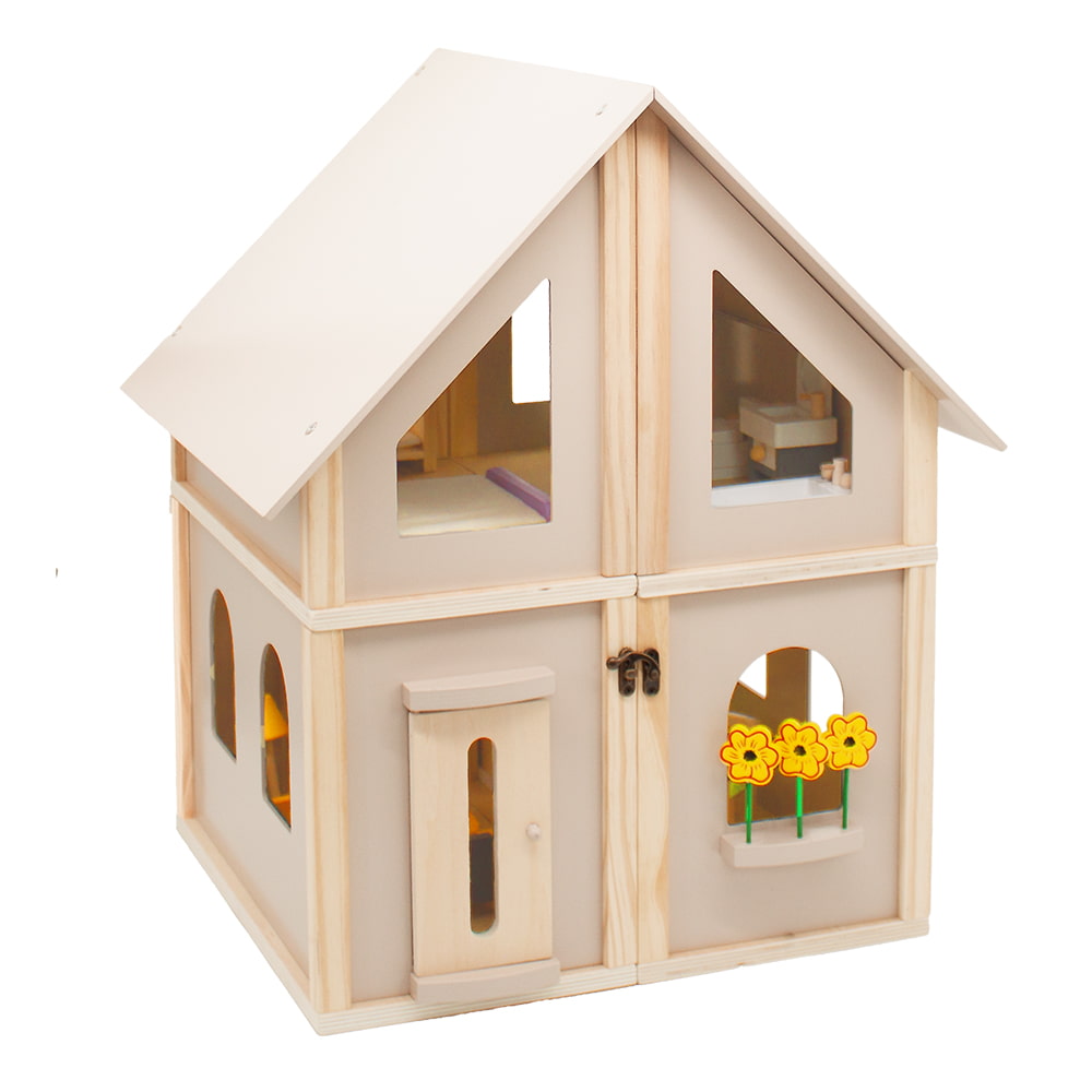 howa Puppenhaus aus Holz klappbar inkl. 30tlg. Möbelset, 4 Puppen und Hund 7016