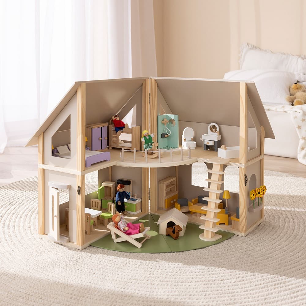 howa Puppenhaus aus Holz klappbar inkl. 30tlg. Möbelset, 4 Puppen und Hund 7016