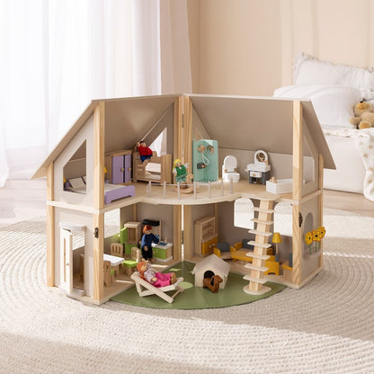 howa Puppenhaus aus Holz klappbar inkl. 30tlg. Möbelset, 4 Puppen und Hund 7016