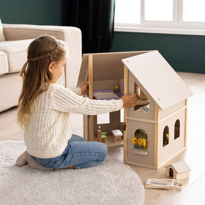 howa Puppenhaus aus Holz klappbar inkl. 30tlg. Möbelset, 4 Puppen und Hund 7016