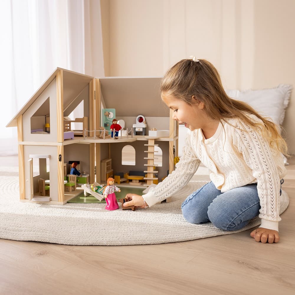 howa Puppenhaus aus Holz klappbar inkl. 30tlg. Möbelset, 4 Puppen und Hund 7016