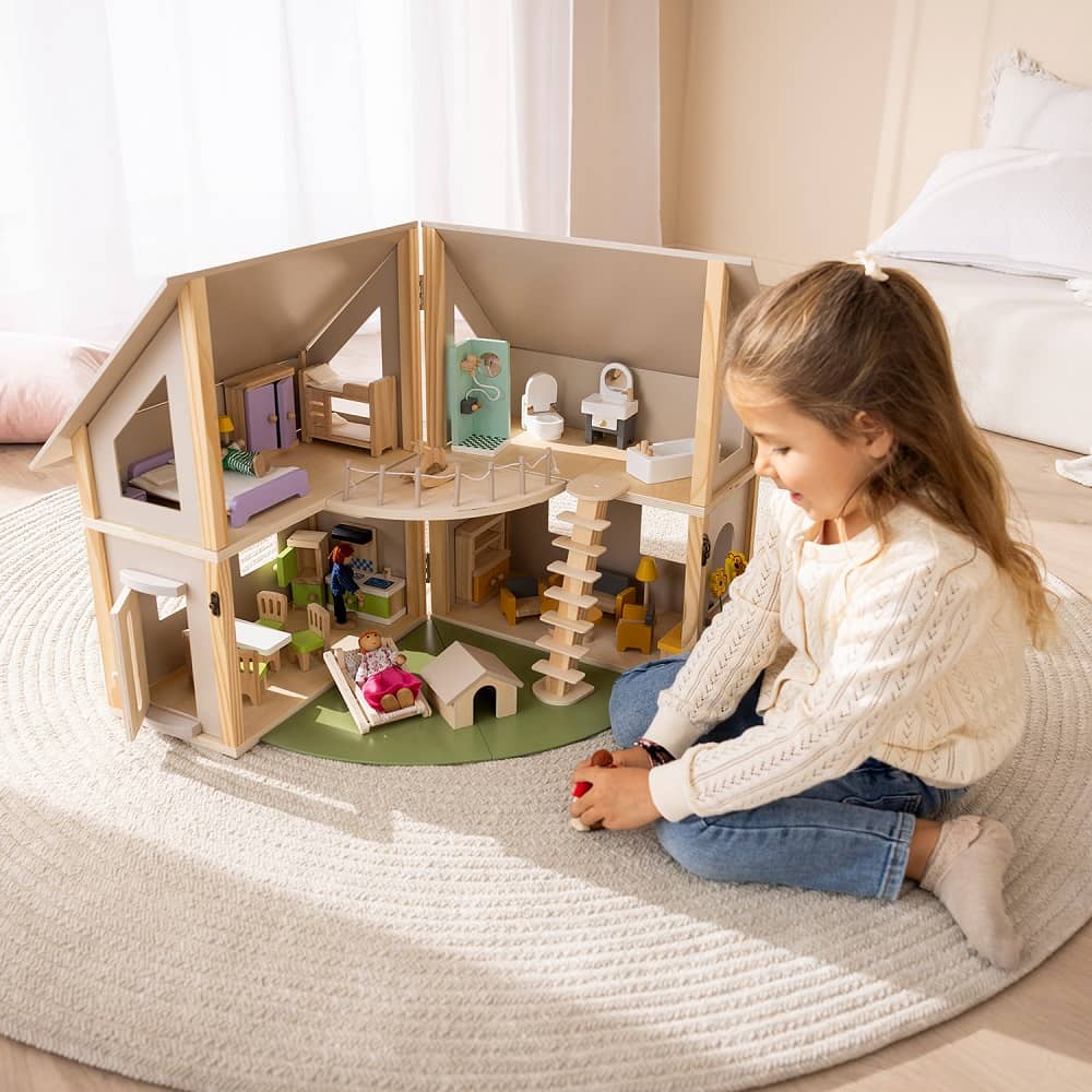 howa Puppenhaus aus Holz klappbar inkl. 30tlg. Möbelset, 4 Puppen und Hund 7016