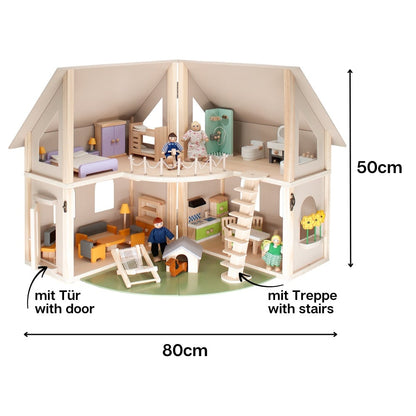 howa Puppenhaus aus Holz klappbar inkl. 30tlg. Möbelset, 4 Puppen und Hund 7016