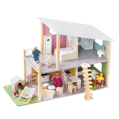 howa Puppenhaus aus Holz "Nelly" inkl. 23 tlg. Möbelset, 4 Puppen und Hund  7015