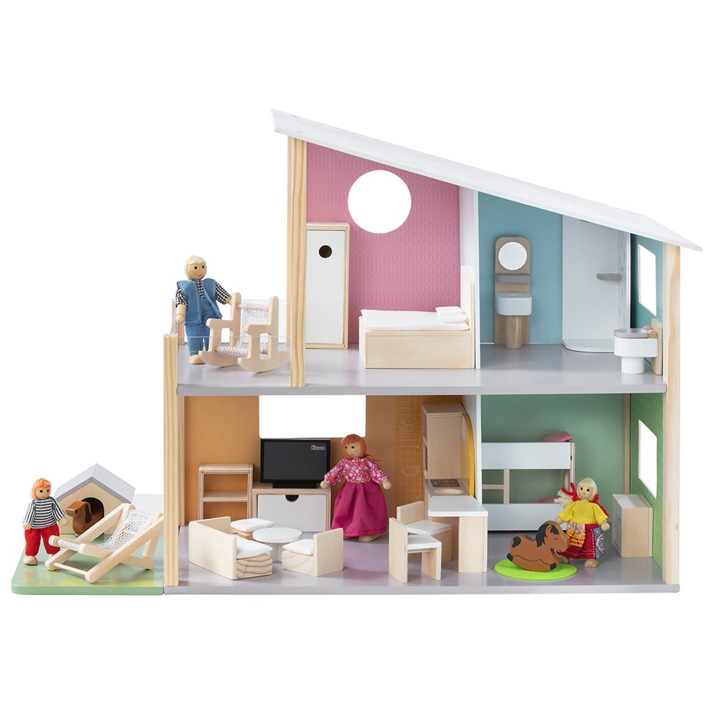 howa Puppenhaus aus Holz "Nelly" inkl. 23 tlg. Möbelset, 4 Puppen und Hund  7015