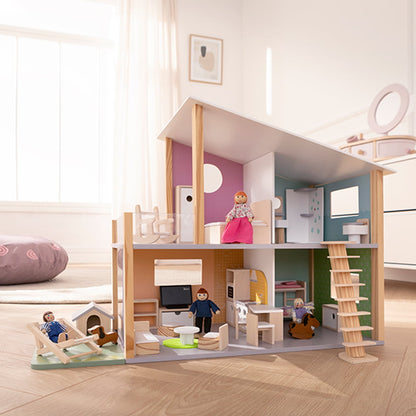 howa Puppenhaus aus Holz "Nelly" inkl. 23 tlg. Möbelset, 4 Puppen und Hund  7015